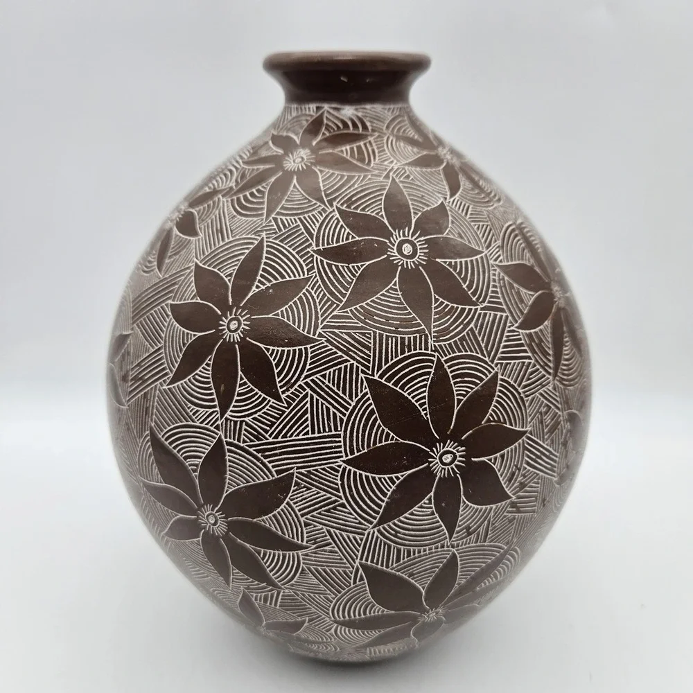 Handmade Etched Carved Floral Geometric Studio Pottery Vase Brown White Boho 8